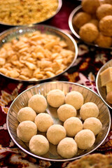 Ladoo, Traditional Indian sweets made for Diwali and another festive season. made with ingredients like peanuts, semolina, sesame seeds, ghee, clarified butter, jaggery, sugar, and cardamom 