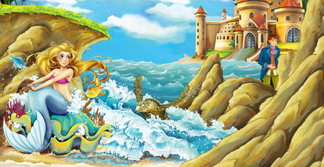 Plakat cartoon scene with mermaid princess by the sea and beautiful castle - illustration