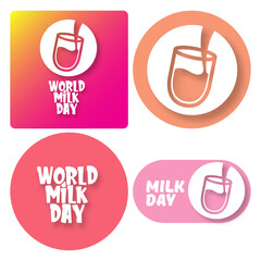 vector world milk day outline style icons set or label isolated on pink background. Milk day greeting poster design template. Milk day logo collection with milk glass