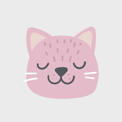 Pink cat head with closed eyes. Cute cartoon funny character. Pet baby print collection. Scandinavian style Isolated.