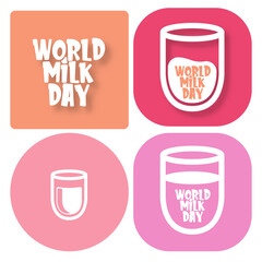 vector world milk day outline style icons set or label isolated on pink background. Milk day greeting poster design template. Milk day logo collection with milk glass