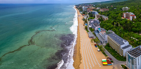 Paradise beach from an aerial drone perspective, Golden Sands, Bulgaria - obrazy, fototapety, plakaty
