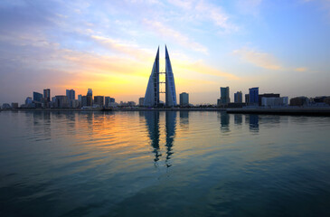 MANAMA, BAHRAIN - FEBRUARY 23: The Bahrain World Trade Center during sunrise, a twin tower complex...