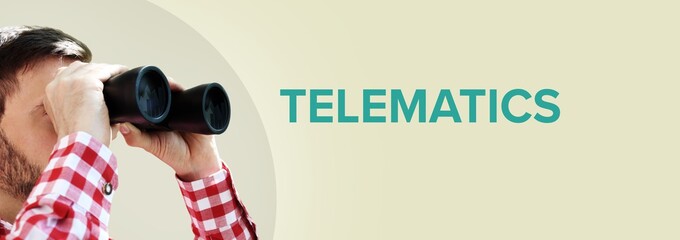 Telematics. Businessman (man) looks through binoculars. Focus on text. Background beige. Business,...