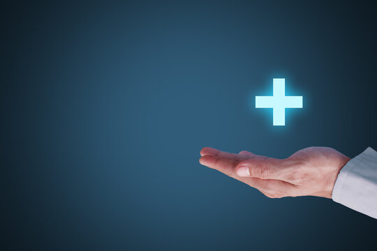 profit and benefit positive concept, Businessman offer positive thing (such as profit, benefits, development, CSR) represented by plus sign.