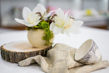 Fototapeta na wymiar Pot of white flowers on a wooden stand with a cup 