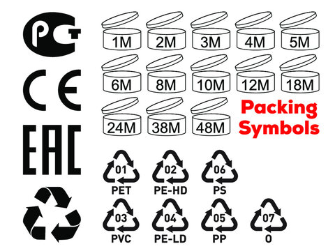 Package symbols set. Expiration month, recycle icon, CE symbol, plastic mark, EAC icon