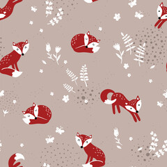 Lovely doodle fox seamless pattern, cute hand drawn background - great for Kids, on textiles, banners, wallpapers - vector design