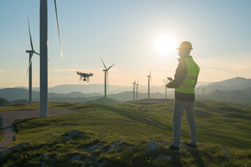 Technician Engineer in Wind Turbine Power Generator Station launches a drone for visual control of...
