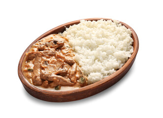 Tasty beef stroganoff with rice on white background