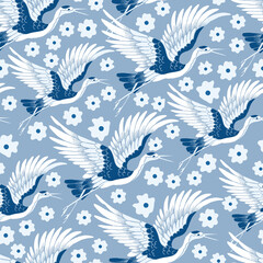 Fototapeta na wymiar Crane Birds Flying with Flowers Vector Seamless Pattern
