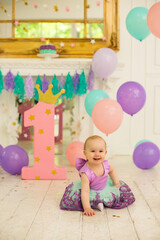 Fototapeta na wymiar Little girl at purple dress. first birthday