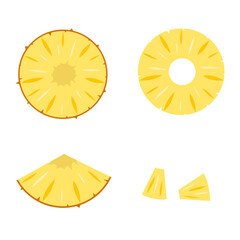 Pineapple slices set: slices in and without peel. Fruits isolated on a white background. Stock vector illustration.