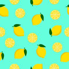 Fruit seamless pattern. Bright vector background with 
whole and  slice yellow lemons on a blue background. For the design of fabrics, packaging and wallpapers.