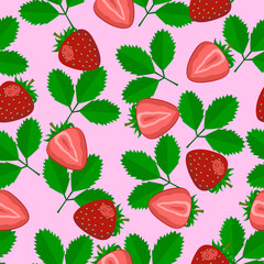 Strawberry seamless pattern. 
Summer vector background with strawberries and leaves on a pink background. For design of  fabrics, packaging and wallpapers.