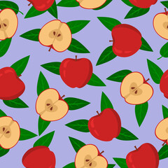 Apple seamless pattern. Summer vector background with red Apples and leaves on a violet background. For design of fabrics, packaging and wallpapers.