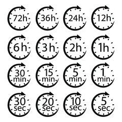 Calculating seconds and minutes.1, 2, 3, 6, 12, 24, 48 and 72 hours clock arrow vector icons. Delivery service, online deal remaining time web site symbols.