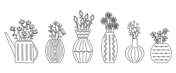 set of 6 vector contour different vases with flowers on a white background