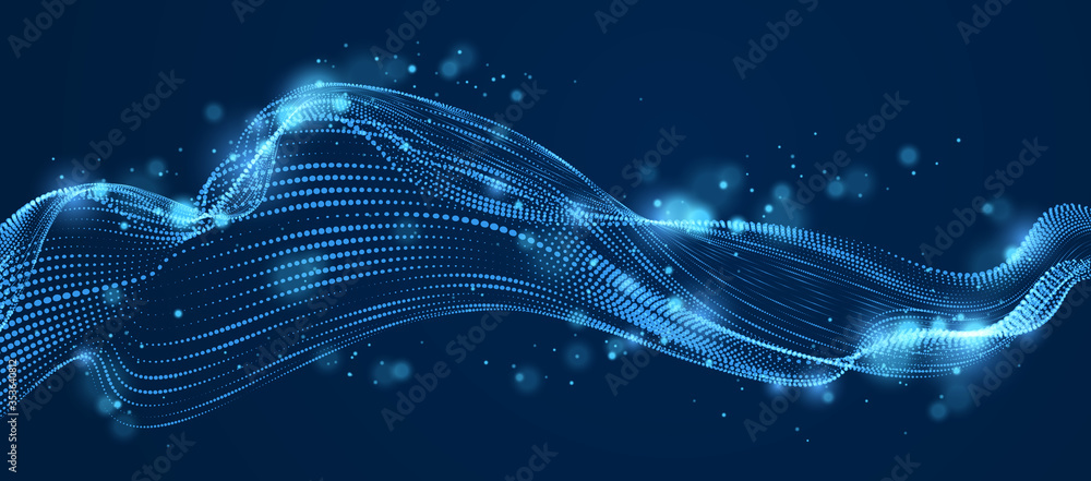 Poster dynamic particles sound wave flowing over dark. dotted curves vector abstract background. beautiful 