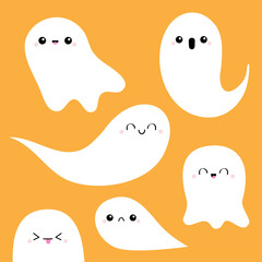 Six scary white ghosts. Happy Halloween. Flying ghost spirit set. Cute cartoon kawaii spooky character. Smiling Sad face, eyes, tongue, cheeks. Orange background Greeting card Flat design