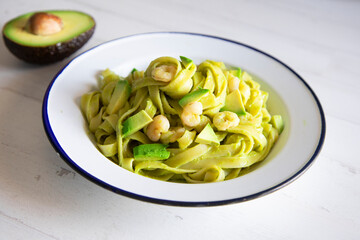 Pasta with avocado cream and shrimps 