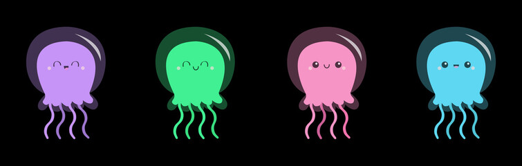 Jellyfish face icon set line. Cute cartoon kawaii funny baby character. Pink green blue purple glowing color. Sea ocean animal. Kids tshirt, notebook cover print. Black background. Flat design.