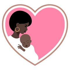 African American mother holding her baby, stylized illustration in a heart shaped frame, perfect for Mother's Day greeting card.
