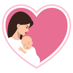Caucasian mother holding her baby, stylized illustration in a heart shaped frame, perfect for Mother's Day greeting card.