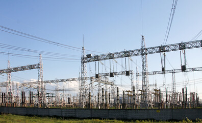 A powerful electrical Substation that provides power to industrial enterprises. High-voltage electric current.