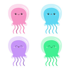 Jellyfish icon set. Cute cartoon kawaii funny baby character. Pink green blue purple color. Smiling face. Sea ocean animal. Kids tshirt, notebook cover print. White background. Flat design.
