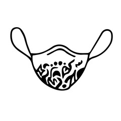 Medical mask with a design pattern. Vector illustration of a protective face mask with a drawing. Doodle image of a protective breathing mask.