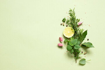 Herbs and spices lime slice, Melissa, rosemary, thyme, Bay leaf, garlic on a green background.