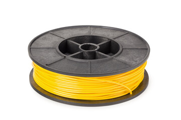 Yellow filament 3d printer isolated on white background
