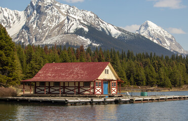 Cabin on the lake in the Rocky Mountains 