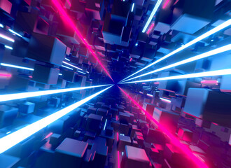Fototapeta premium Flying through cube tunnel with glowing neon lines.