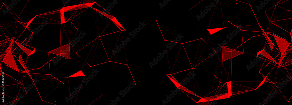 Poster Connection of dots and lines structure on dark background. Red abstract polygonal space. 3d Widescreen