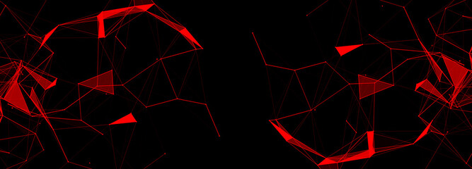 Connection of dots and lines structure on dark background. Red abstract polygonal space. 3d Widescreen