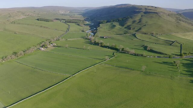 : Aerial view over Hawksworth Moor and Middlesmoor Pasture near Kilnsey heading towards Kettlewell in The Yorkshire Dales National Park