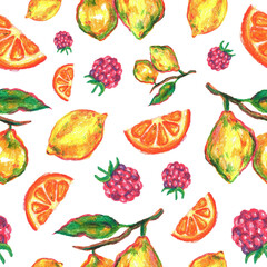 Seamless fruit bright pattern with raspberries, lemon, lemons on a branch and slices of orange drawn by oil pastel. Everything is hand-drawn for fabrics, paper, invitations and decor.