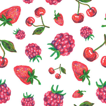 Seamless fruit bright pattern with raspberries, cherries and strawberries painted in oil pastel