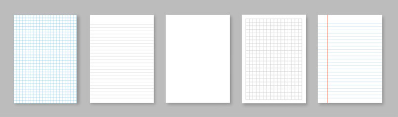 Set of vector illustrations sheets paper. Lined and square, on gray background - obrazy, fototapety, plakaty