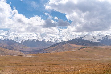 The amazing wild view of kyrgyzstan landscape full of snow peaks and wilderness