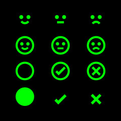 green glowing icon emotions face, emotional symbol and approval check sign button, fluorescent emotions faces and checkmark x or confirm and deny, button glowing flat for apps, icons checkmark shining