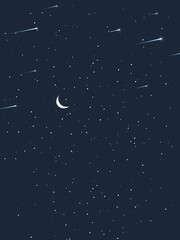 Blue night starry sky with stars. Bright star to fall meteorite. Vector stars on dark blue background. Vector astronomy illustration