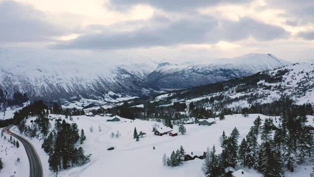Winter Norway, mountains. Evening aerial photography