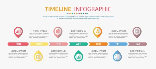 Horizontal timeline template with 7 day,Timeline infographic.Weekly timeline infographic.