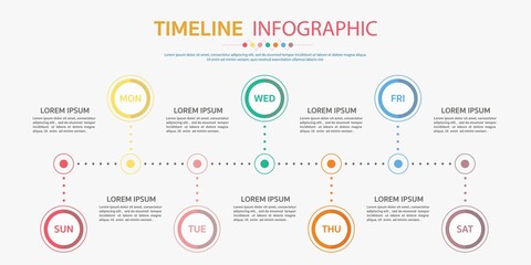 Horizontal timeline template with 7 day,Timeline infographic.Weekly timeline infographic.