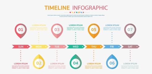 Horizontal timeline template with 7 day,Timeline infographic.Weekly timeline infographic.