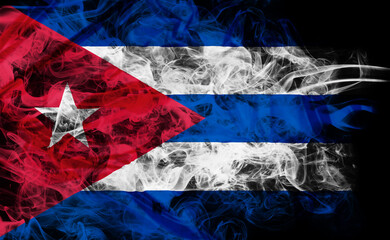 Smoke shape of national Cuban flag of Cuba isolated on black background. Business concept of crisis and international commercial tension, custom duty and embargo. 3D illustration.