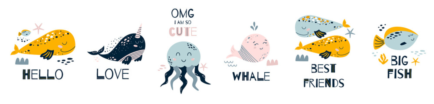 Nursery art Nursery poster Cute sea animals set. Funny whales, big fish, jellyfish and quotes, posters for baby room